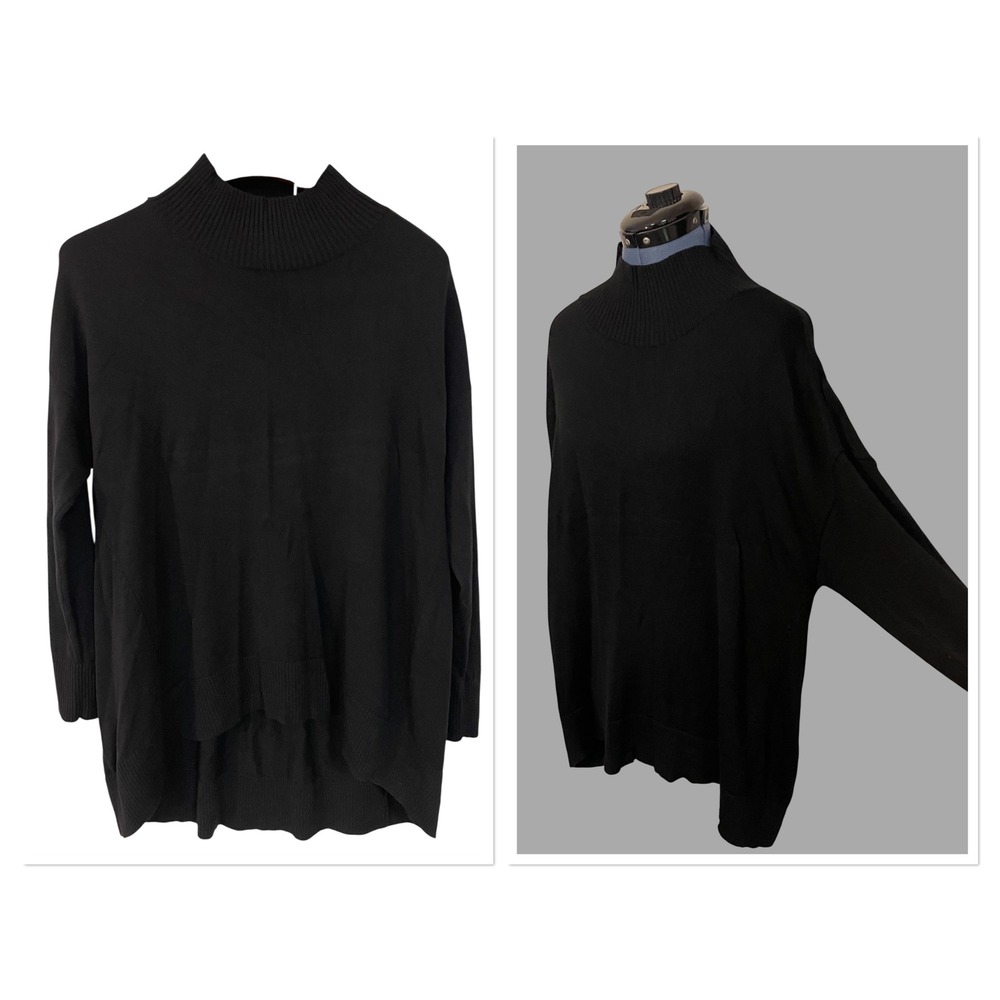 Eileen Fisher Black Extra fine Merino Wool Mock Neck Hii Lo Oversized Sweater XL